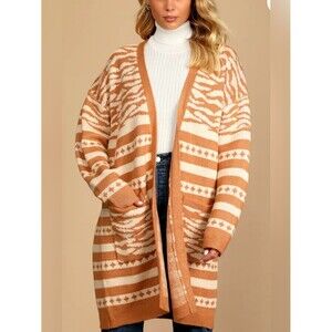 Lulu's Camel & Cream Open-Front Zebra Print Cardigan Size Medium NWT!!